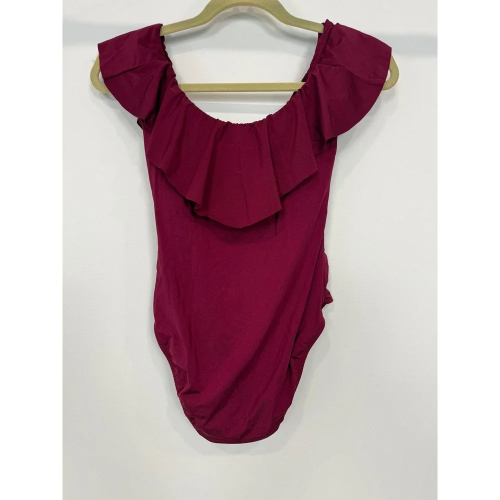 Trina Turk Women Burgundy Ruffle Off Shoulder One Piece Swimsuit Size 8